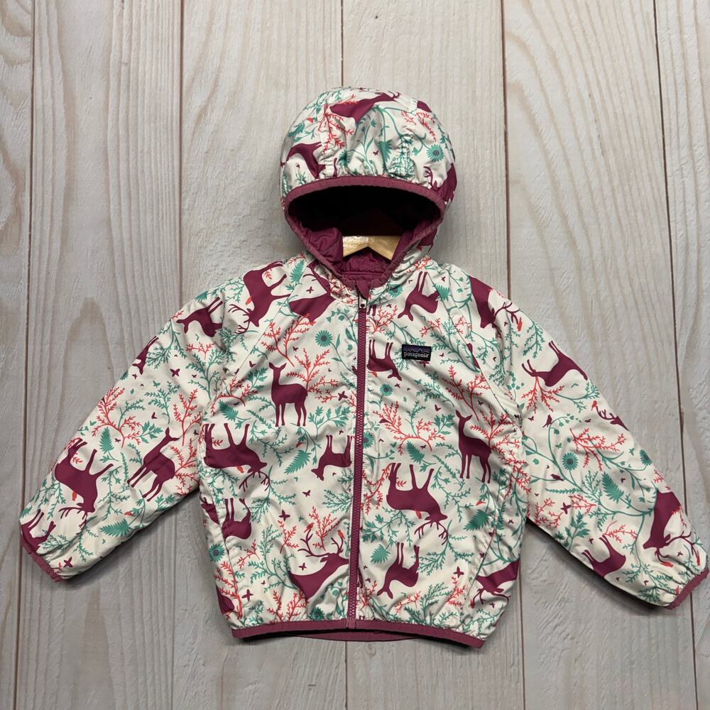 Patagonia Baby Girls Toddler 4T?? Reversible Puff-Ball Hooded Jacket Pink Deer - Picture 2 of 7